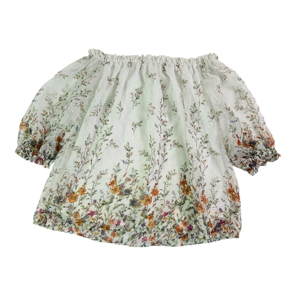 Orchid Haze Floral Off Shoulder Top Sheer Swiss Dot Puff Sleeve White Size S